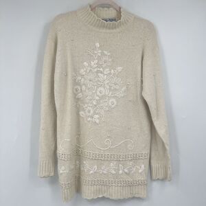 Vintage Gina Peters Ivory Pearl Embossed Crochete Sweater Medium Floral Detail